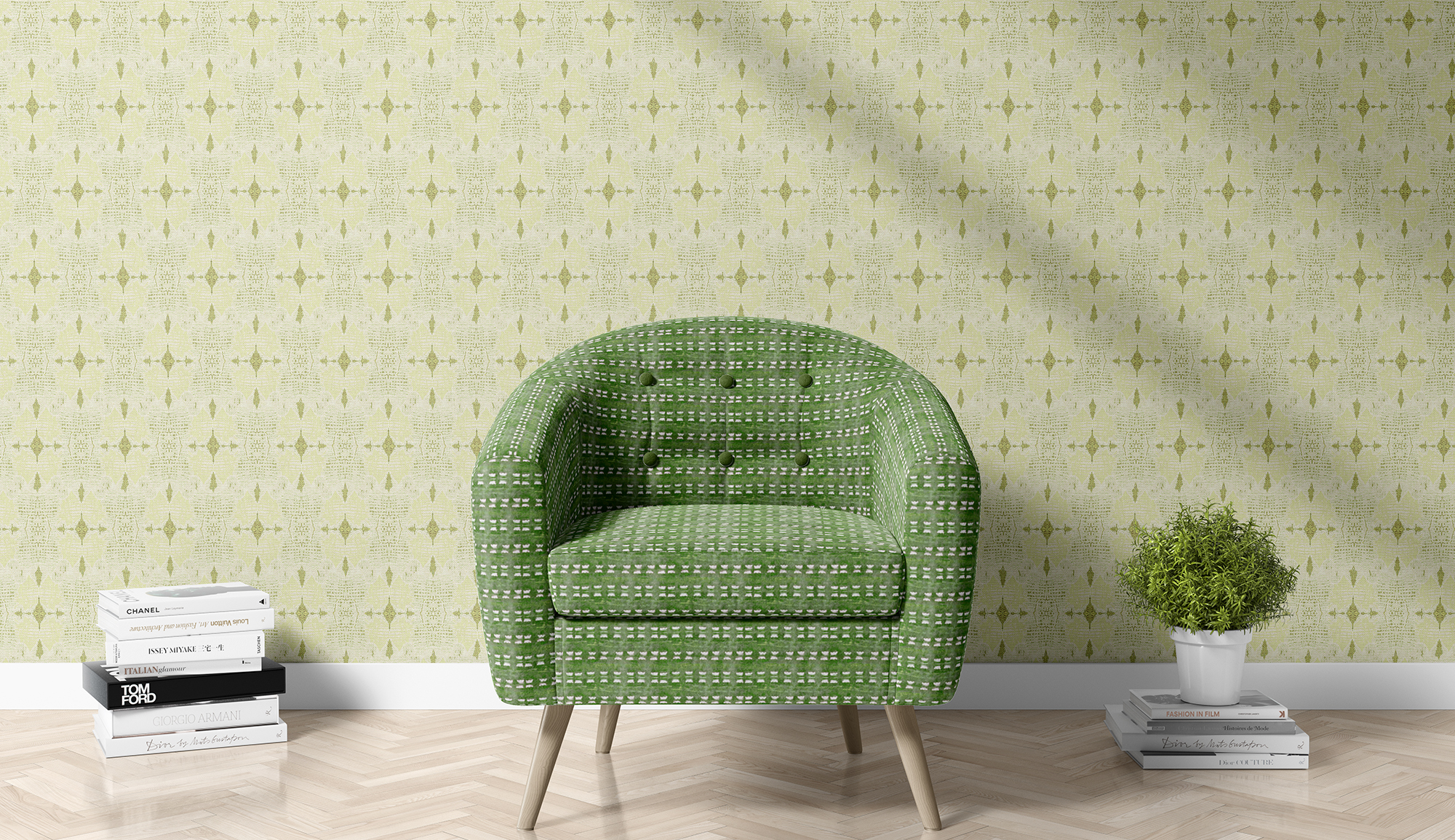 Cottonberry Wallpaper WEBSITE Tub Chair Shells Verde & Zambezi Gold CROP